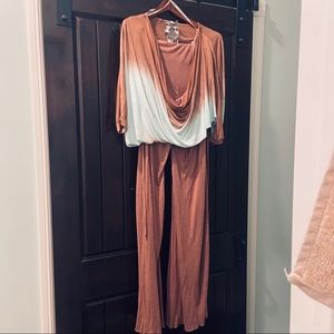 Sexy young fabulous &broke 2Pc set brown & turquoise wide pants and ombré blouse